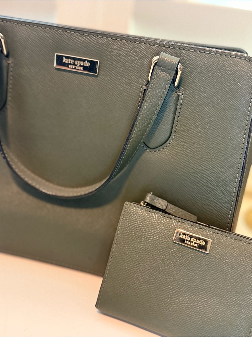 Kate Spade Green Satchel Purse + Matching Wallet & Crossbody Strap